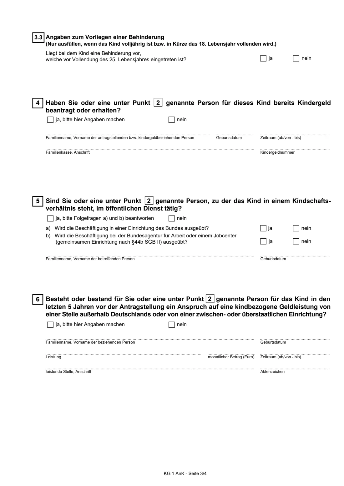 Anlage Kind (KG 1) (2025) Child supplement to the child benefit application (Anlage Kind zum Antrag auf Kindergeld) — page 3 of 4
