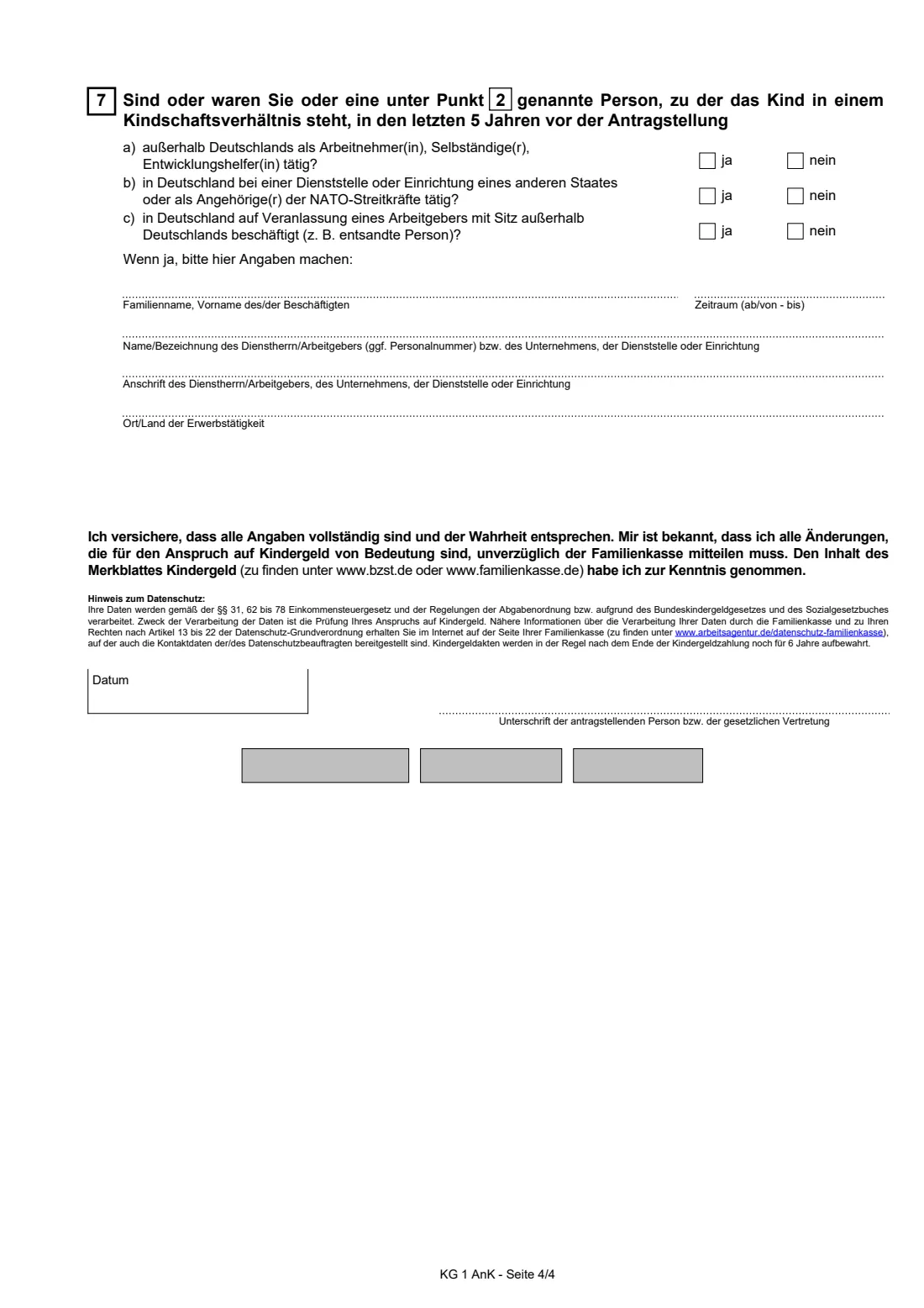 Anlage Kind (KG 1) (2025) Child supplement to the child benefit application (Anlage Kind zum Antrag auf Kindergeld) — page 4 of 4