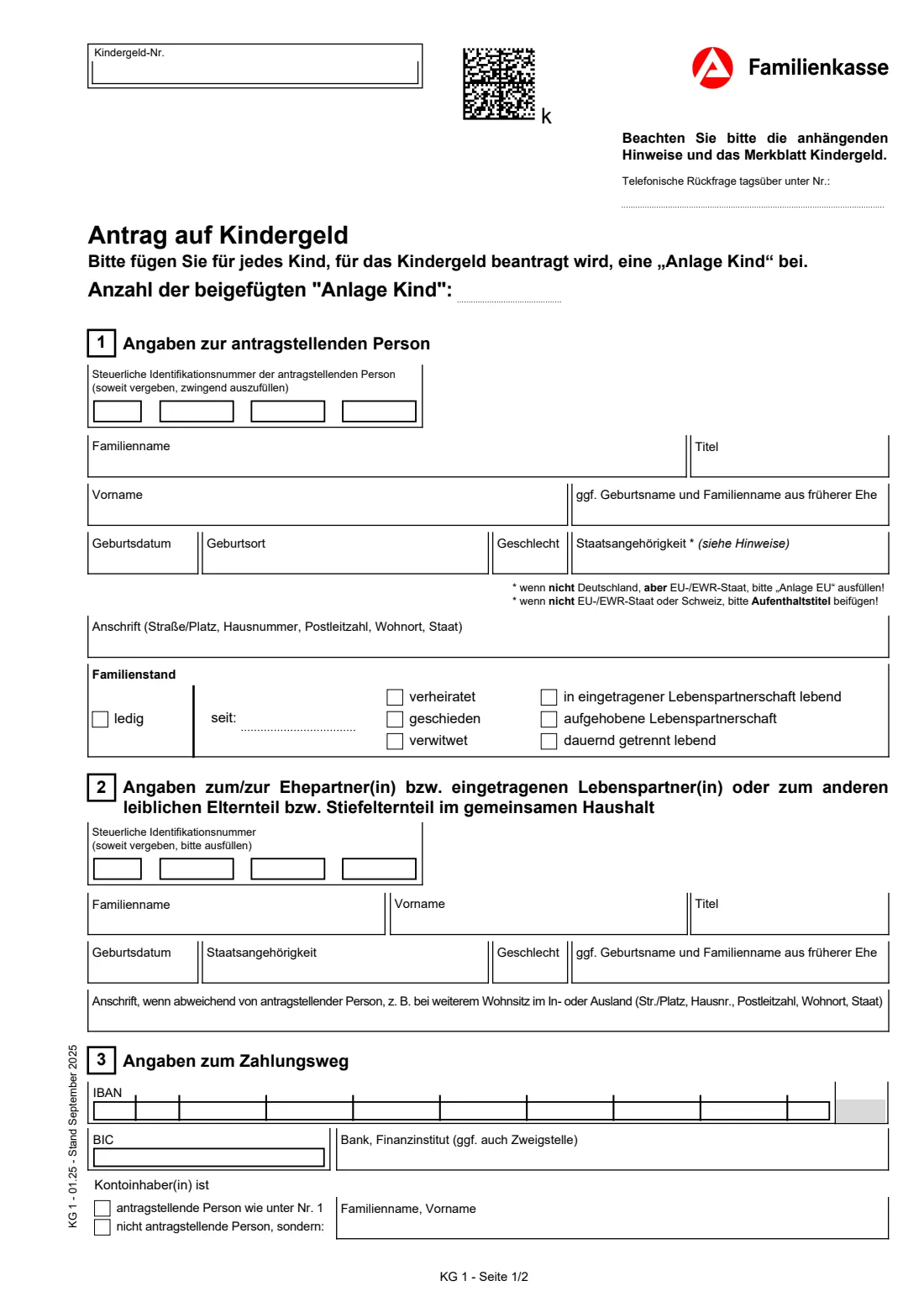 KG 1 — Antrag auf Kindergeld (2025) Child benefit application (Antrag auf Kindergeld) — page 2 of 5