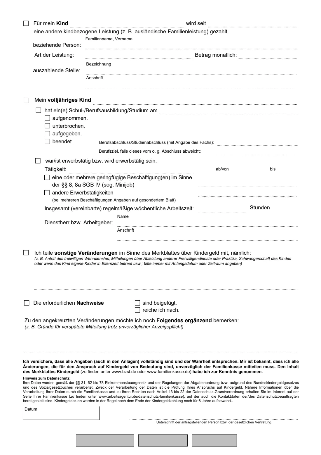 KG 45 — Veränderungsmitteilung (Kindergeld) (2025) Veränderungsmitteilung — report of changes to the Familienkasse (child benefit) — page 2 of 2