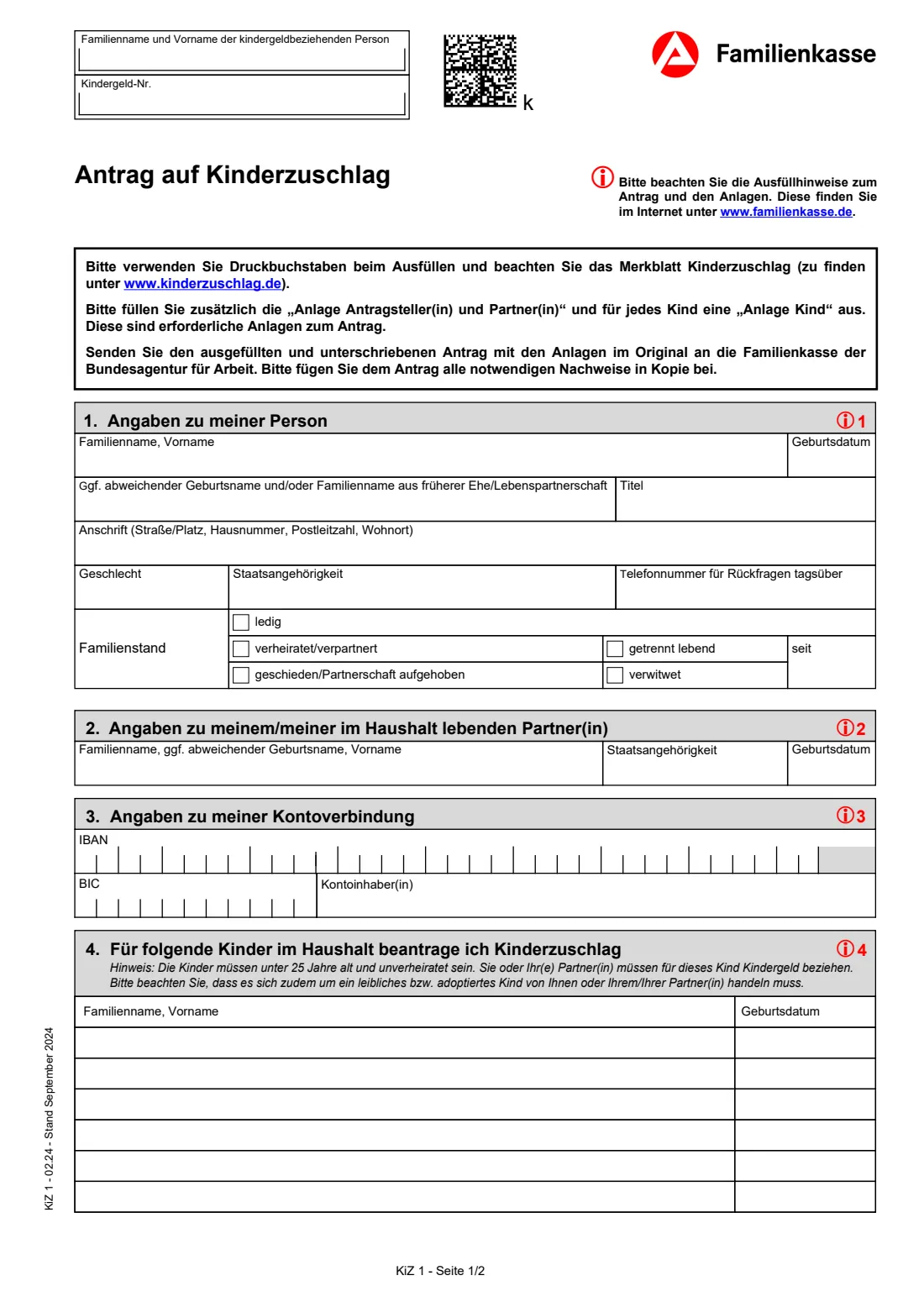 KiZ 1 — Antrag auf Kinderzuschlag (2024) Antrag auf Kinderzuschlag (KiZ 1) — Application for the child supplement — page 2 of 3