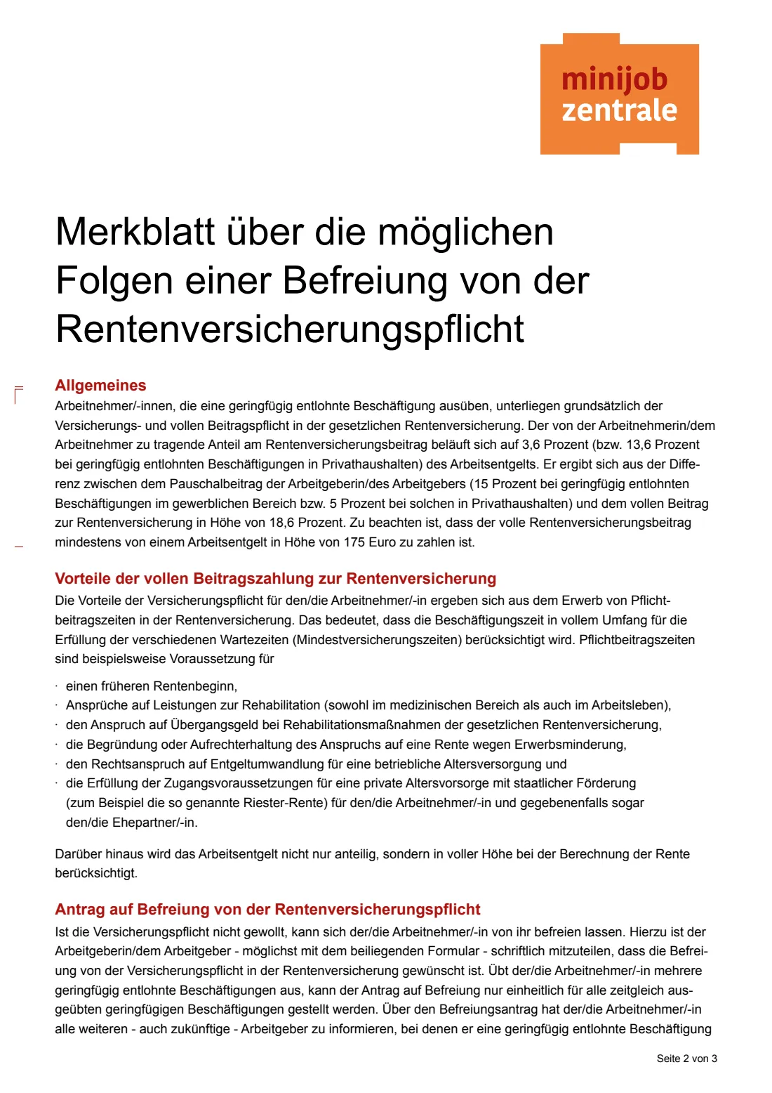 Minijob — Befreiung von der Rentenversicherungspflicht (2026) Antrag auf Befreiung von der Rentenversicherungspflicht bei einer geringfügig entlohnten Beschäftigung (mini-job pension opt-out) — page 2 of 3