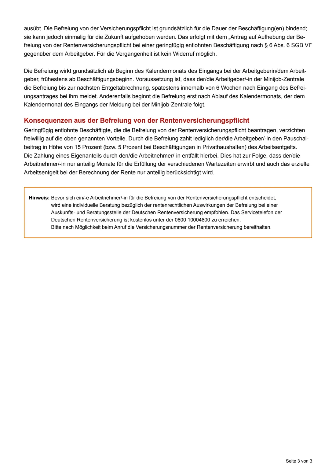Minijob — Befreiung von der Rentenversicherungspflicht (2026) Antrag auf Befreiung von der Rentenversicherungspflicht bei einer geringfügig entlohnten Beschäftigung (mini-job pension opt-out) — page 3 of 3