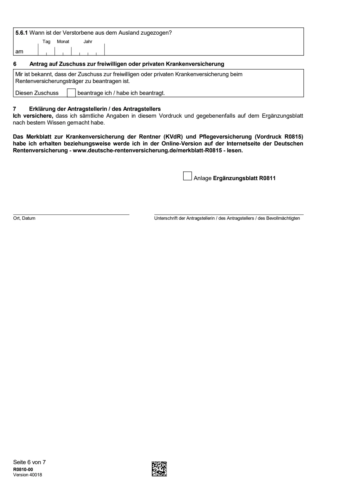 R0810 — Meldung zur KVdR (2024) Pensioners' health insurance notification (Meldung zur Krankenversicherung der Rentner, KVdR) — page 6 of 12