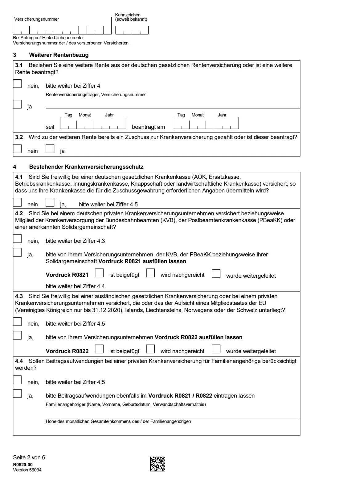 R0820 — Zuschuss zur Krankenversicherung (2026) Application for a health-insurance subsidy for pensioners (Antrag auf Zuschuss zur Krankenversicherung, § 106 SGB VI) — page 2 of 6