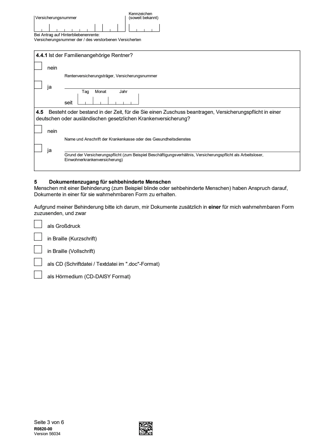 R0820 — Zuschuss zur Krankenversicherung (2026) Application for a health-insurance subsidy for pensioners (Antrag auf Zuschuss zur Krankenversicherung, § 106 SGB VI) — page 3 of 6