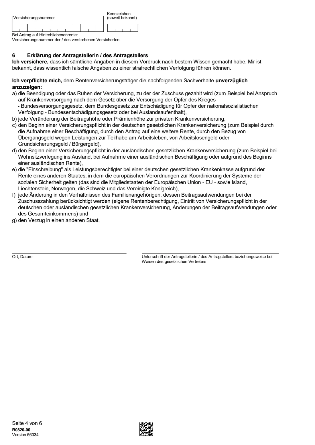 R0820 — Zuschuss zur Krankenversicherung (2026) Application for a health-insurance subsidy for pensioners (Antrag auf Zuschuss zur Krankenversicherung, § 106 SGB VI) — page 4 of 6