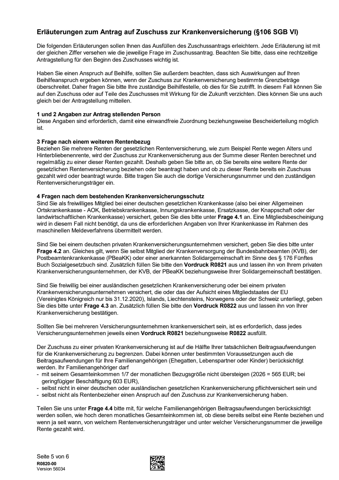 R0820 — Zuschuss zur Krankenversicherung (2026) Application for a health-insurance subsidy for pensioners (Antrag auf Zuschuss zur Krankenversicherung, § 106 SGB VI) — page 5 of 6