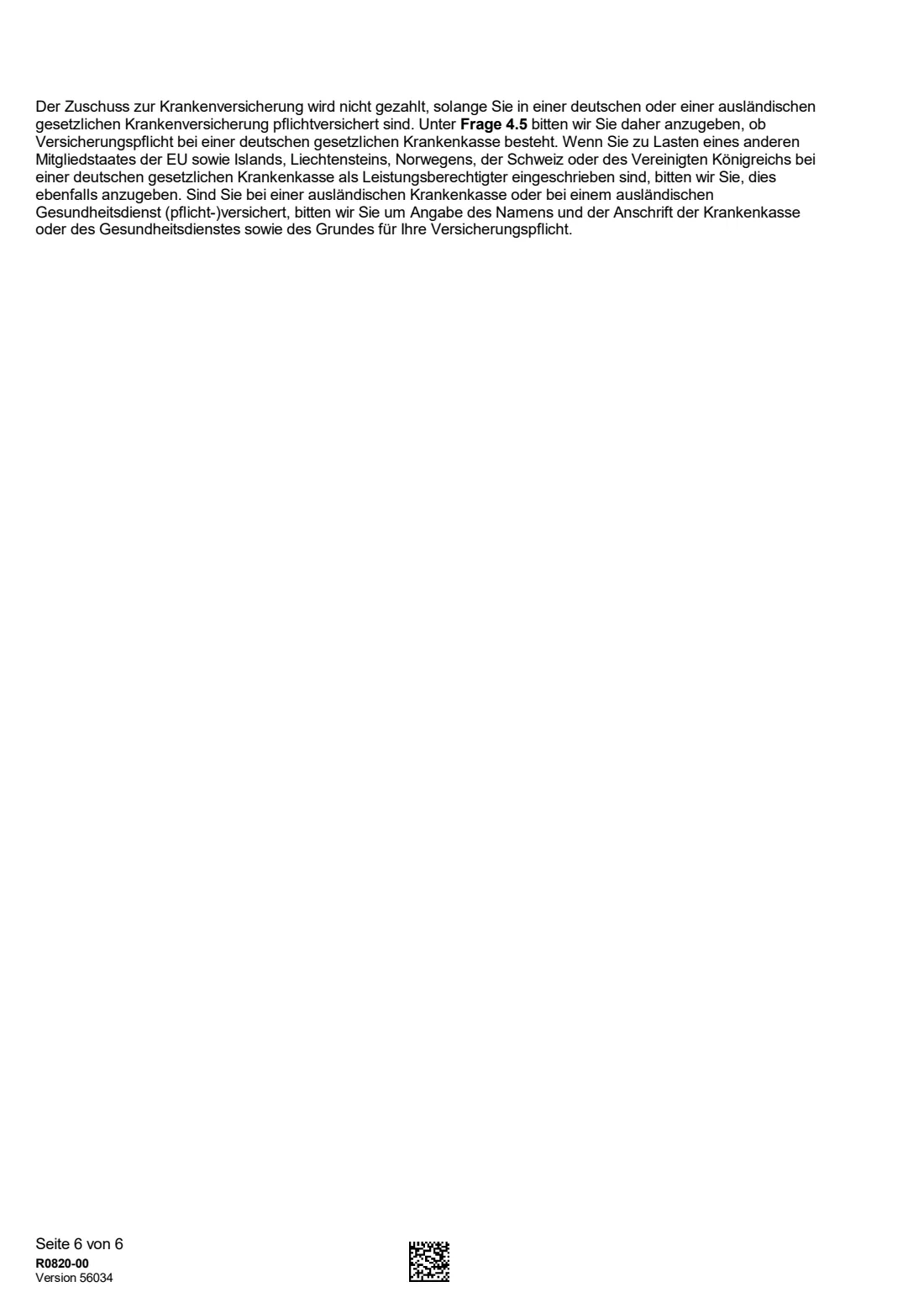 R0820 — Zuschuss zur Krankenversicherung (2026) Application for a health-insurance subsidy for pensioners (Antrag auf Zuschuss zur Krankenversicherung, § 106 SGB VI) — page 6 of 6