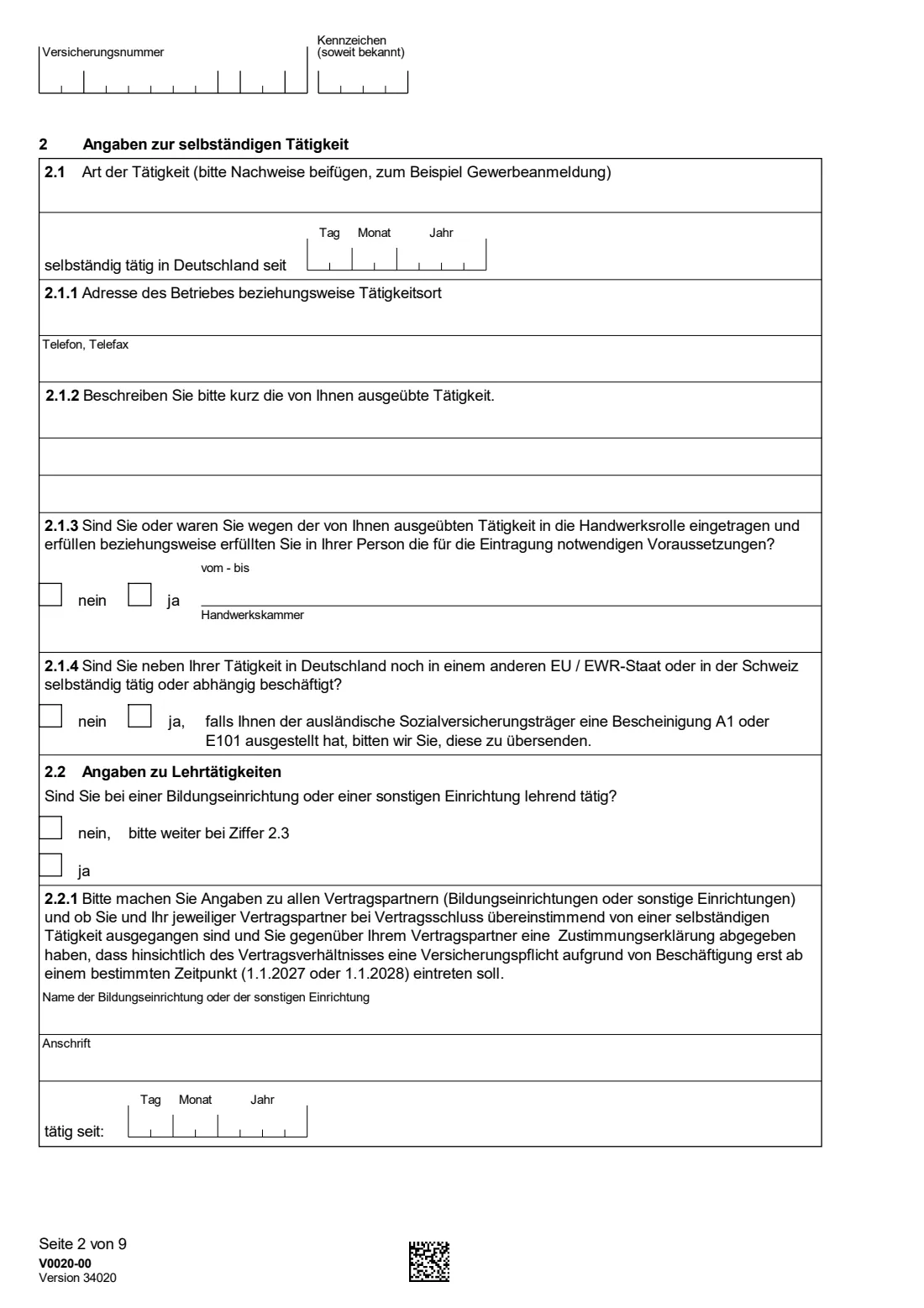 V0020 — Versicherungspflicht für Selbständige (2026) V0020 Fragebogen zur Feststellung der Versicherungspflicht kraft Gesetzes als selbständig Tätige(r) — questionnaire on compulsory German pension insurance for the self-employed — page 2 of 9
