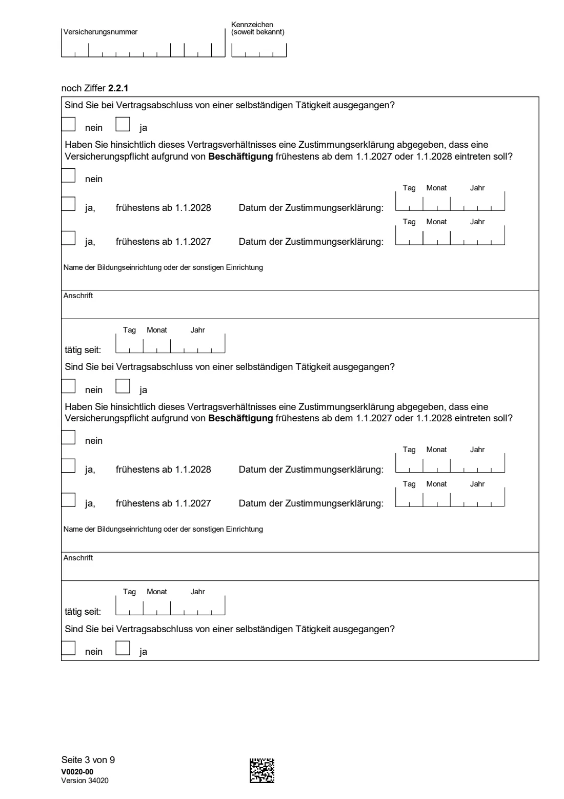 V0020 — Versicherungspflicht für Selbständige (2026) V0020 Fragebogen zur Feststellung der Versicherungspflicht kraft Gesetzes als selbständig Tätige(r) — questionnaire on compulsory German pension insurance for the self-employed — page 3 of 9