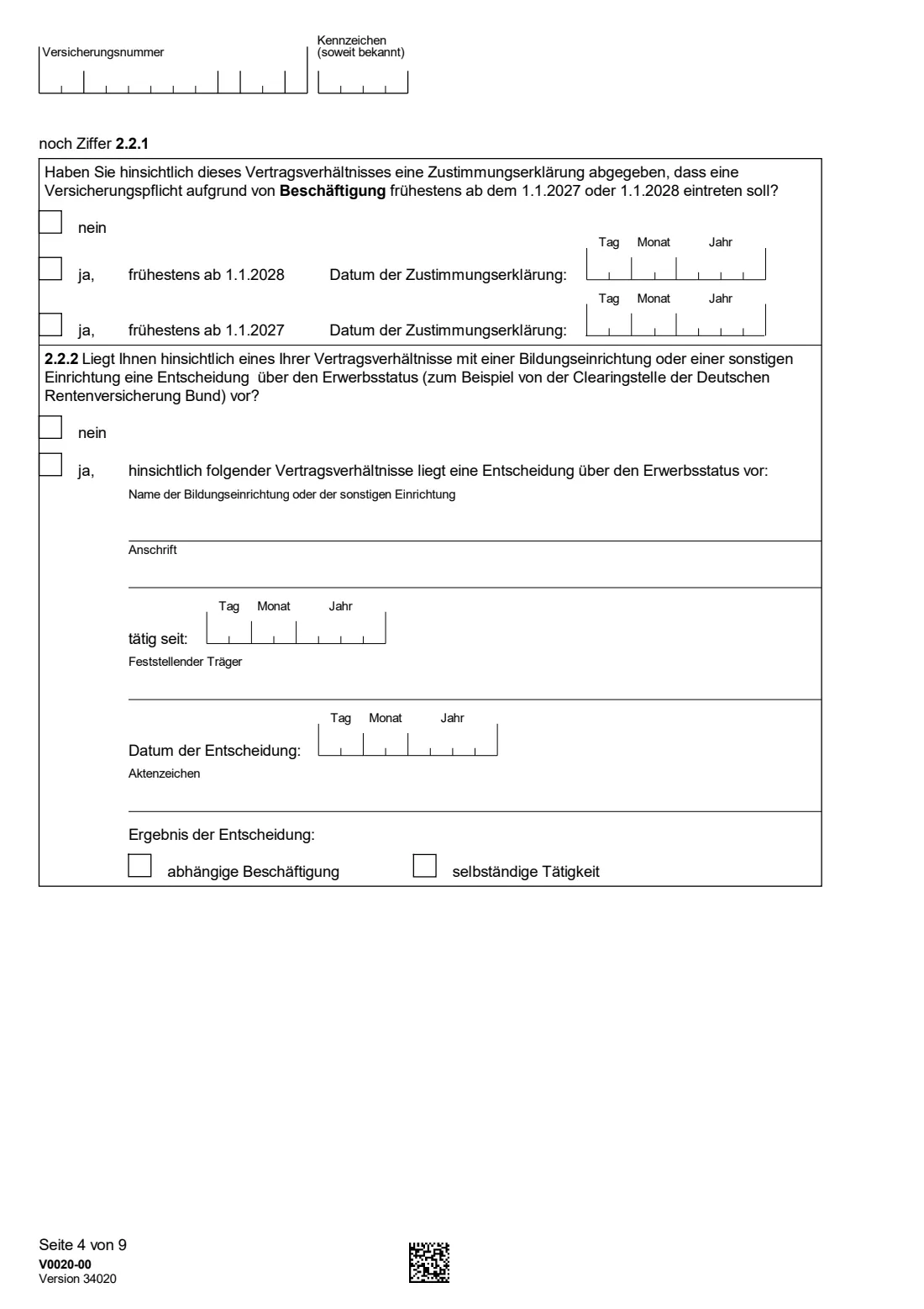 V0020 — Versicherungspflicht für Selbständige (2026) V0020 Fragebogen zur Feststellung der Versicherungspflicht kraft Gesetzes als selbständig Tätige(r) — questionnaire on compulsory German pension insurance for the self-employed — page 4 of 9