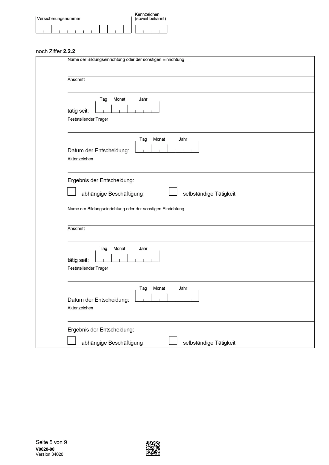 V0020 — Versicherungspflicht für Selbständige (2026) V0020 Fragebogen zur Feststellung der Versicherungspflicht kraft Gesetzes als selbständig Tätige(r) — questionnaire on compulsory German pension insurance for the self-employed — page 5 of 9