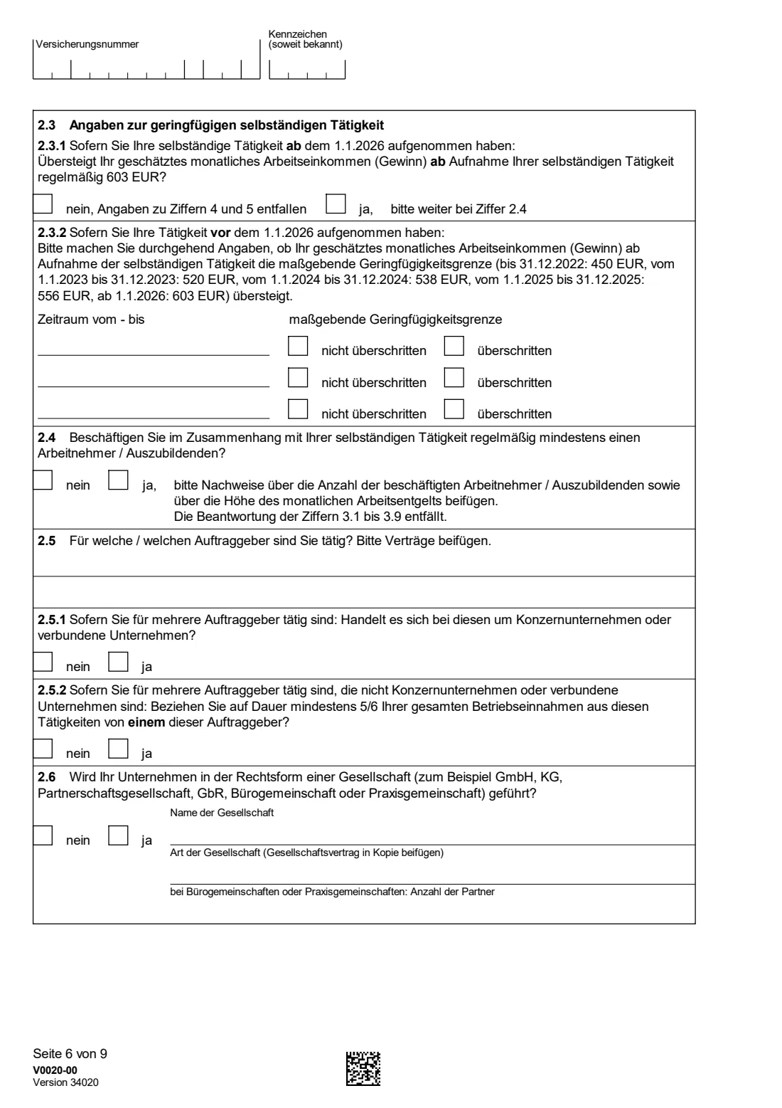 V0020 — Versicherungspflicht für Selbständige (2026) V0020 Fragebogen zur Feststellung der Versicherungspflicht kraft Gesetzes als selbständig Tätige(r) — questionnaire on compulsory German pension insurance for the self-employed — page 6 of 9