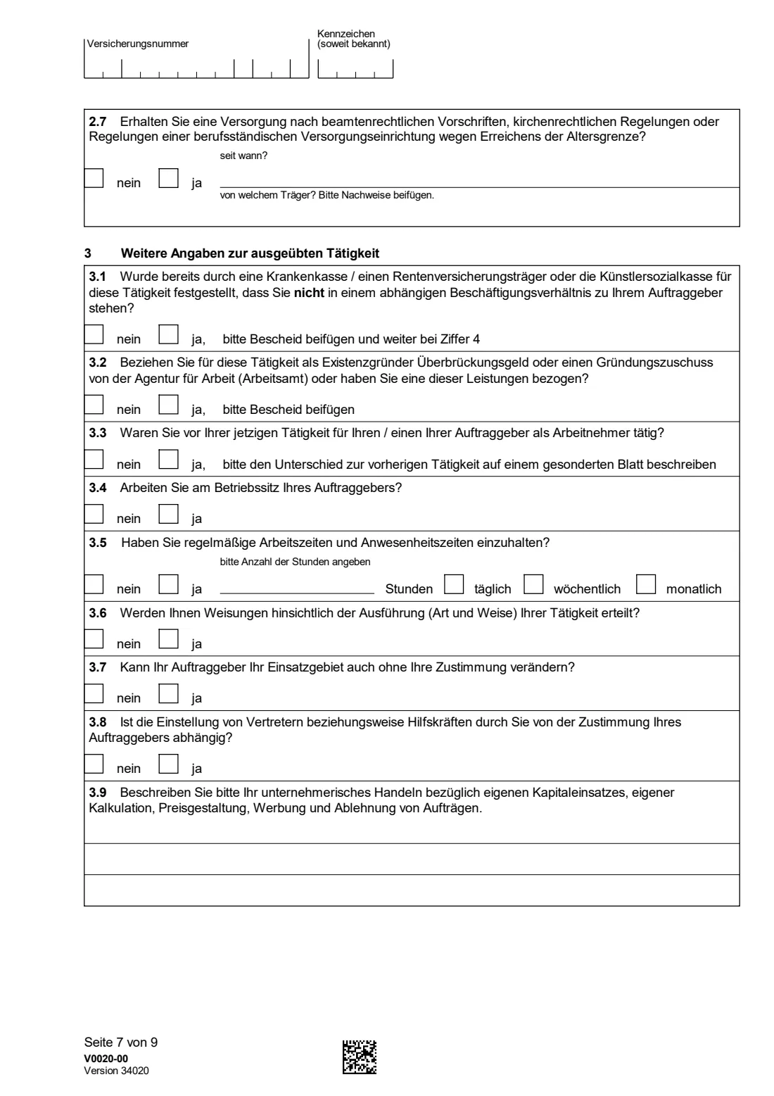 V0020 — Versicherungspflicht für Selbständige (2026) V0020 Fragebogen zur Feststellung der Versicherungspflicht kraft Gesetzes als selbständig Tätige(r) — questionnaire on compulsory German pension insurance for the self-employed — page 7 of 9