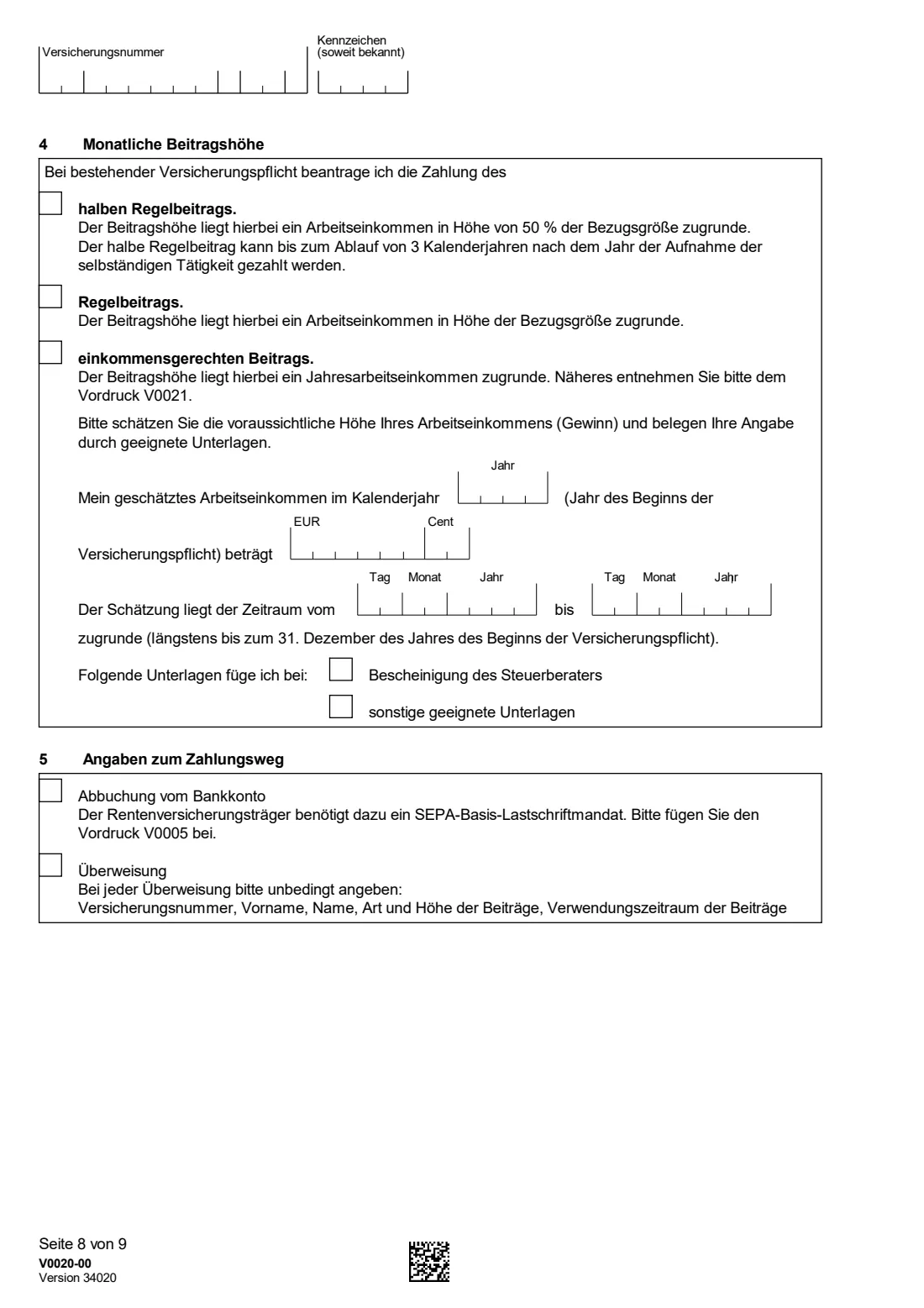 V0020 — Versicherungspflicht für Selbständige (2026) V0020 Fragebogen zur Feststellung der Versicherungspflicht kraft Gesetzes als selbständig Tätige(r) — questionnaire on compulsory German pension insurance for the self-employed — page 8 of 9