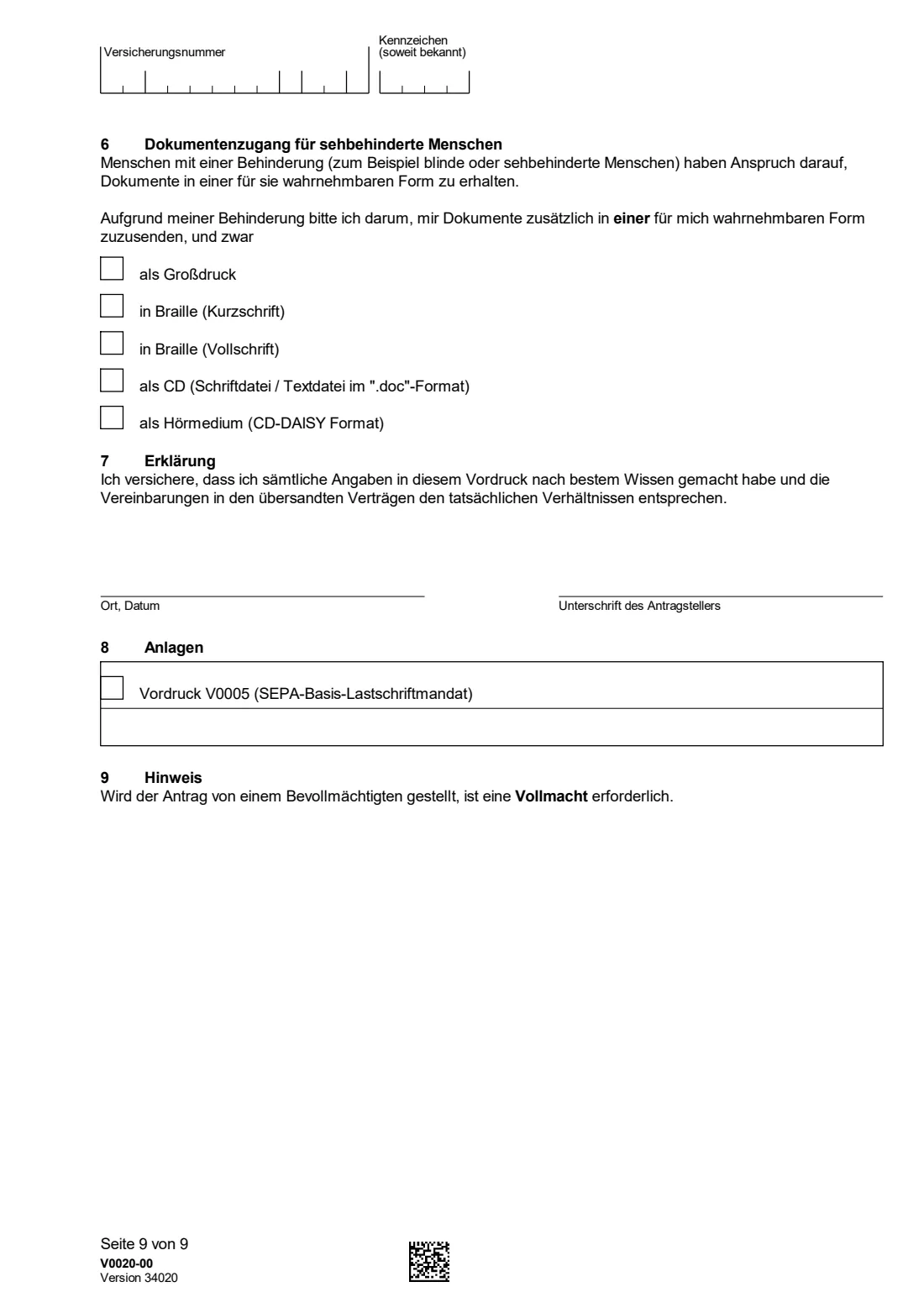 V0020 — Versicherungspflicht für Selbständige (2026) V0020 Fragebogen zur Feststellung der Versicherungspflicht kraft Gesetzes als selbständig Tätige(r) — questionnaire on compulsory German pension insurance for the self-employed — page 9 of 9