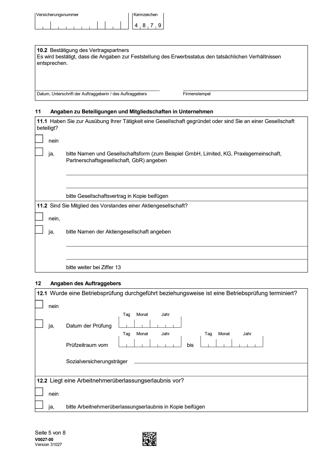 V0027 — Statusfeststellung (Erwerbsstatus) (2025) V0027 Antrag auf Feststellung des Erwerbsstatus — status determination: employee or self-employed (Clearingstelle der Deutschen Rentenversicherung Bund) — page 5 of 8