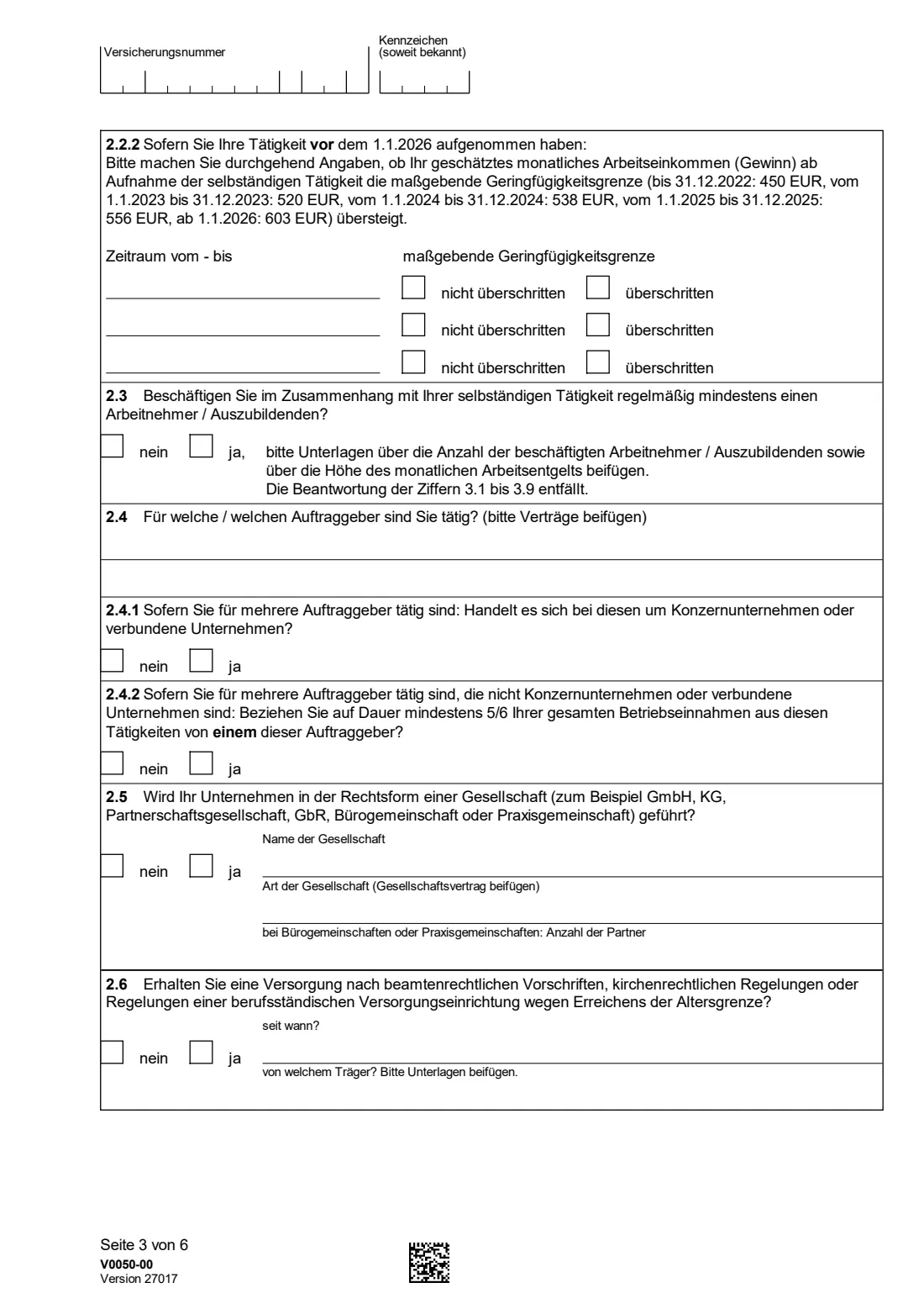 V0050 — Befreiung für Selbständige mit einem Auftraggeber (2026) V0050 Antrag auf Befreiung von der Versicherungspflicht in der Rentenversicherung für Selbständige mit einem Auftraggeber — exemption from compulsory pension insurance for self-employed people with one client (founders, or 58 and over) — page 3 of 6