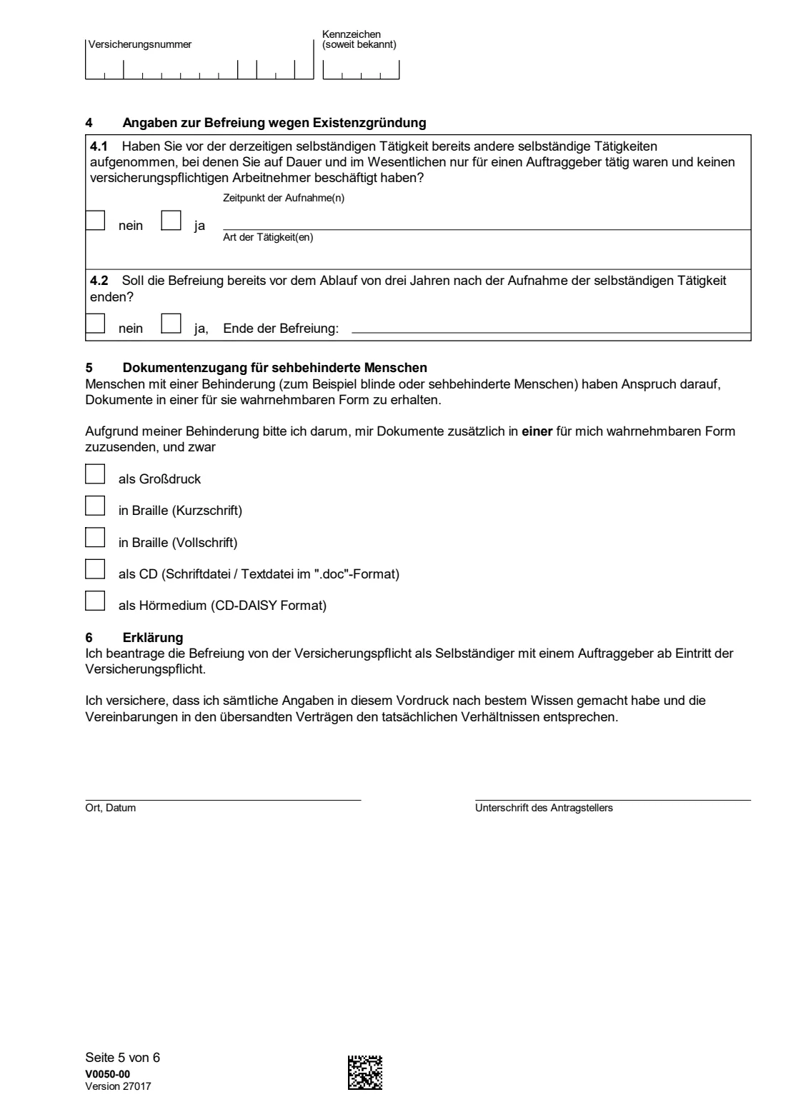 V0050 — Befreiung für Selbständige mit einem Auftraggeber (2026) V0050 Antrag auf Befreiung von der Versicherungspflicht in der Rentenversicherung für Selbständige mit einem Auftraggeber — exemption from compulsory pension insurance for self-employed people with one client (founders, or 58 and over) — page 5 of 6