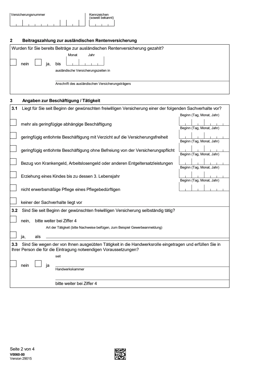 V0060 — Antrag auf freiwillige Versicherung (2025) V0060 Antrag auf Beitragszahlung für eine freiwillige Versicherung — application to pay voluntary German pension contributions — page 2 of 4