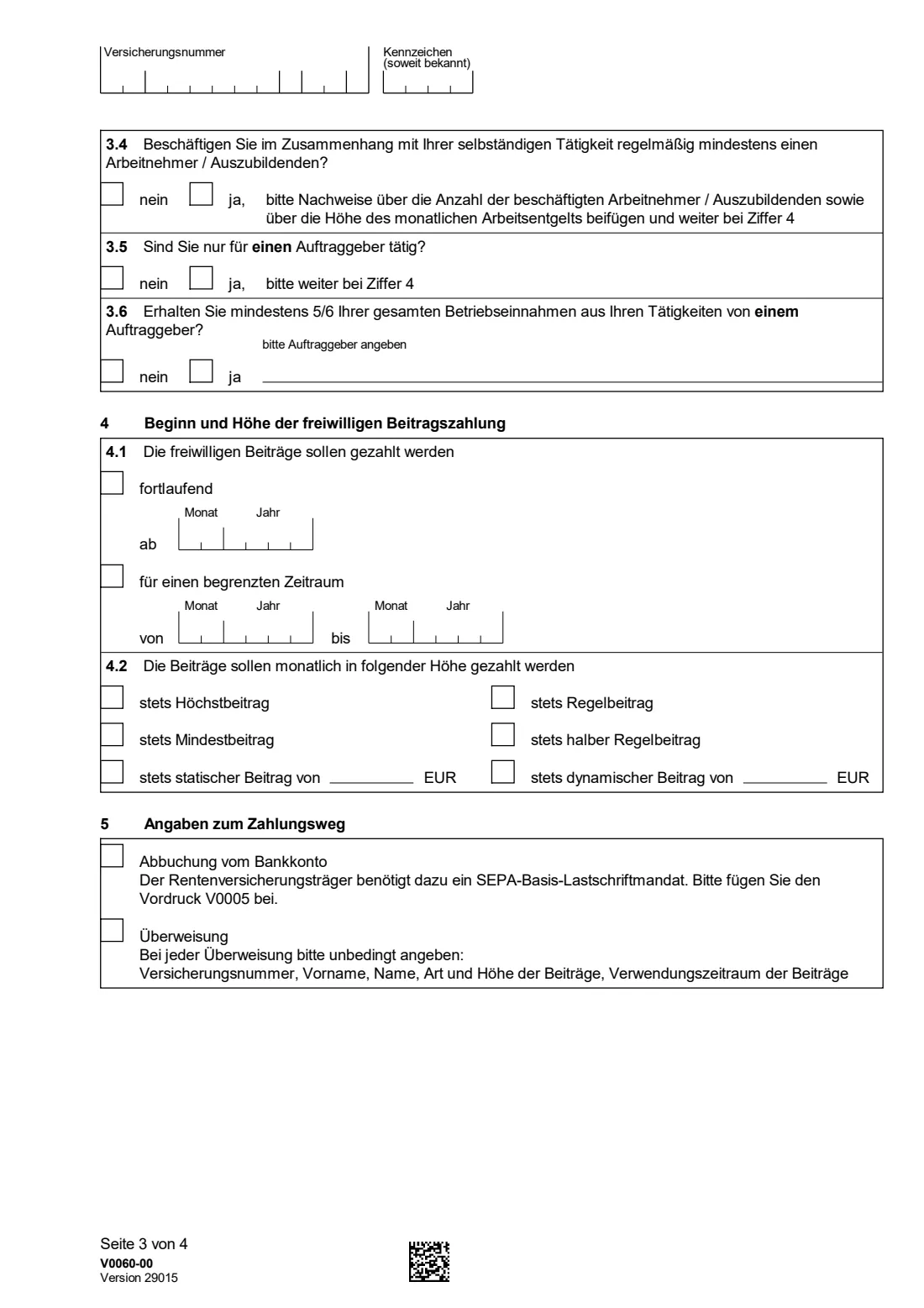 V0060 — Antrag auf freiwillige Versicherung (2025) V0060 Antrag auf Beitragszahlung für eine freiwillige Versicherung — application to pay voluntary German pension contributions — page 3 of 4