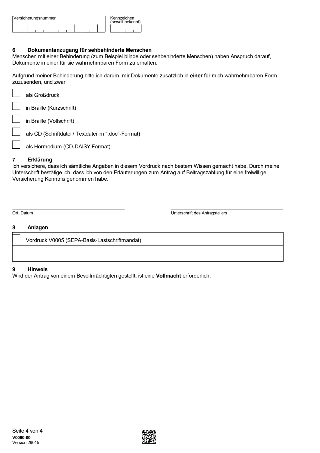 V0060 — Antrag auf freiwillige Versicherung (2025) V0060 Antrag auf Beitragszahlung für eine freiwillige Versicherung — application to pay voluntary German pension contributions — page 4 of 4