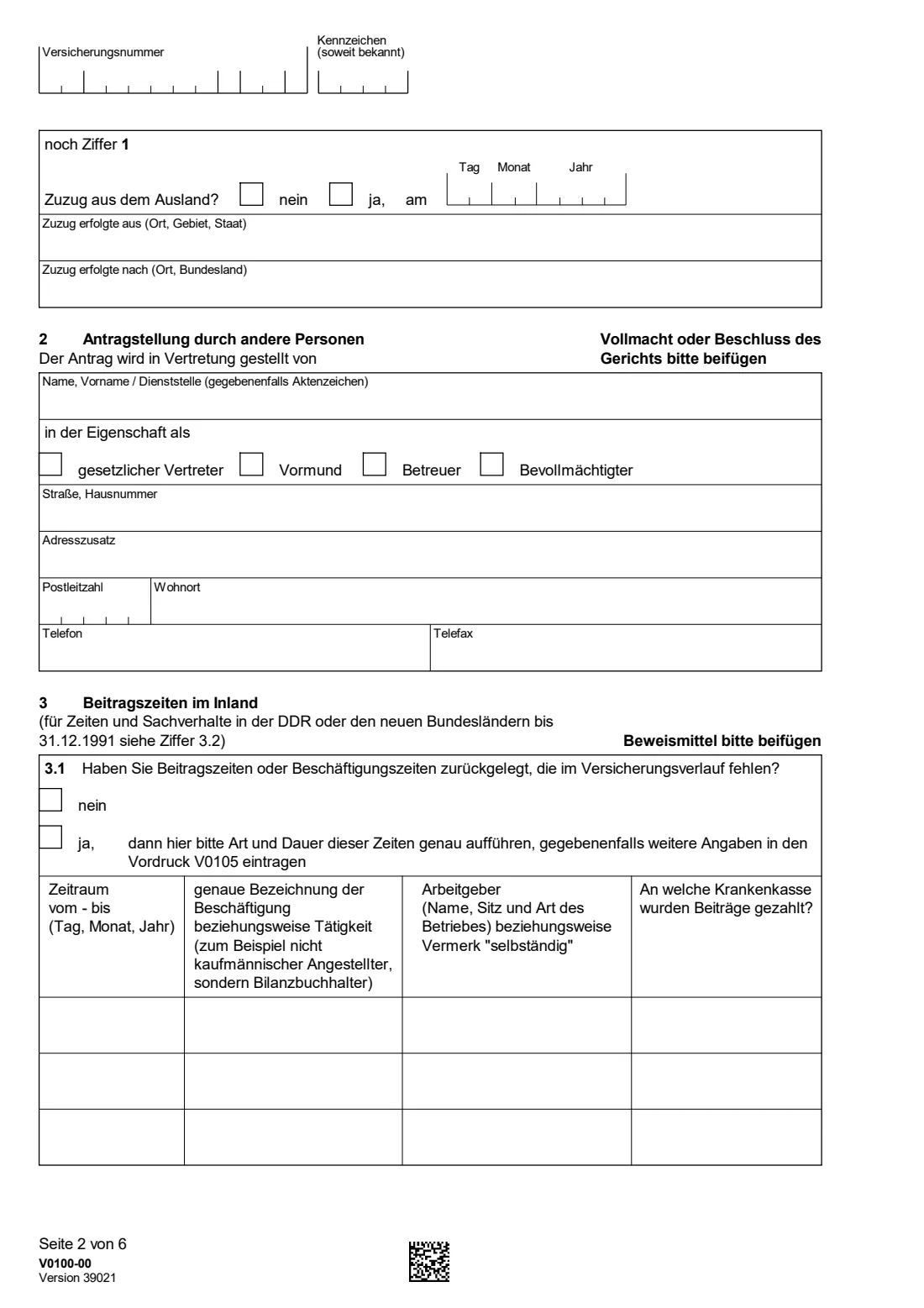 V0100 — Antrag auf Kontenklärung (2026) V0100 Antrag auf Kontenklärung — application to check and complete your German pension account — page 2 of 6