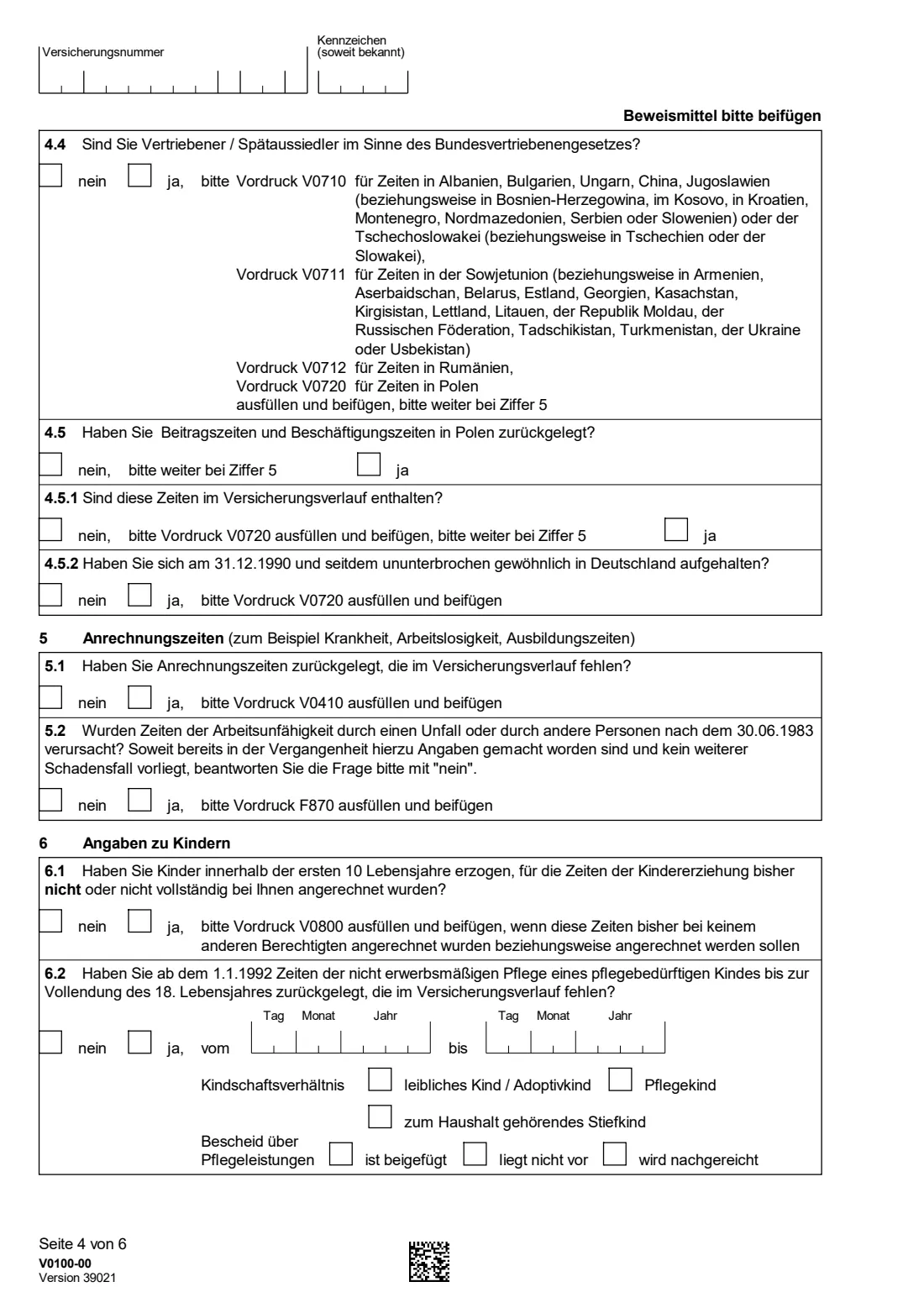 V0100 — Antrag auf Kontenklärung (2026) V0100 Antrag auf Kontenklärung — application to check and complete your German pension account — page 4 of 6