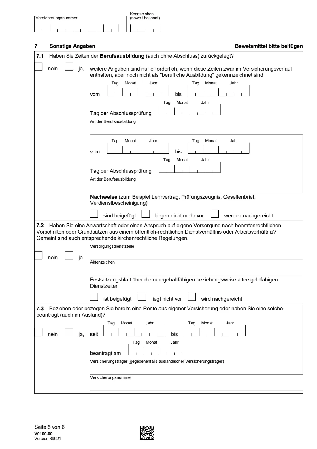 V0100 — Antrag auf Kontenklärung (2026) V0100 Antrag auf Kontenklärung — application to check and complete your German pension account — page 5 of 6