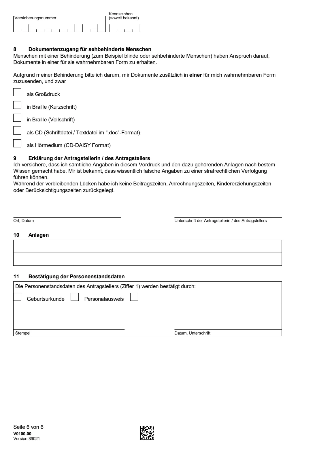 V0100 — Antrag auf Kontenklärung (2026) V0100 Antrag auf Kontenklärung — application to check and complete your German pension account — page 6 of 6