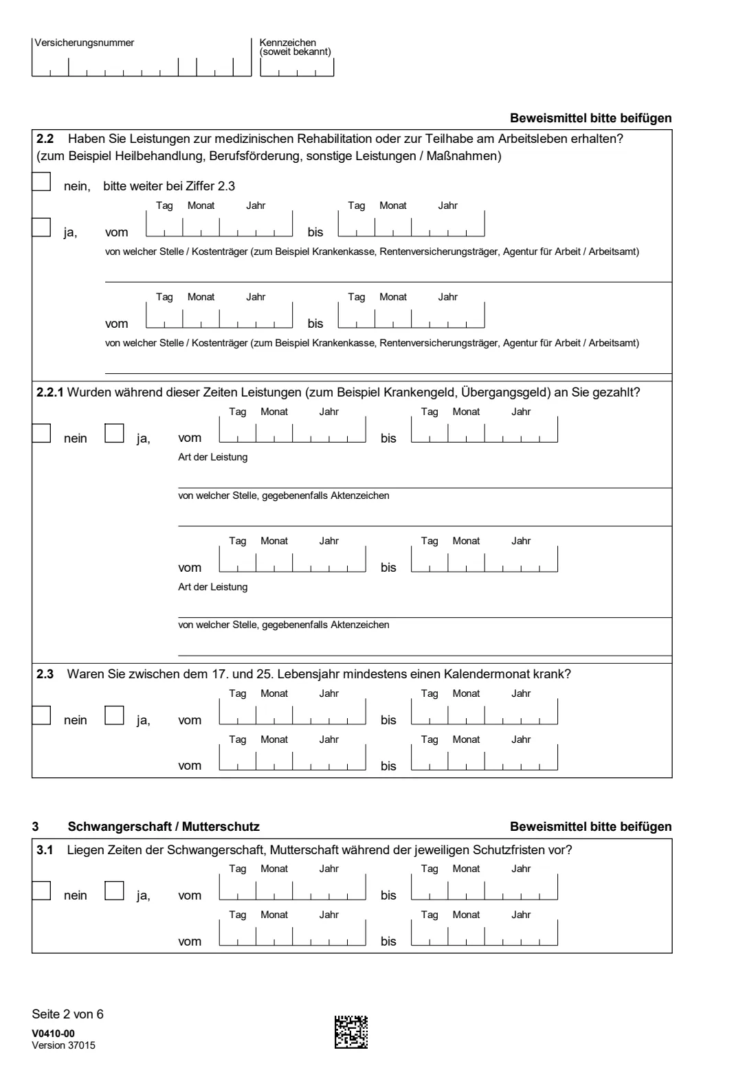 V0410 — Fragebogen für Anrechnungszeiten (2026) V0410 Fragebogen für Anrechnungszeiten — questionnaire on credited periods for your German pension — page 2 of 6
