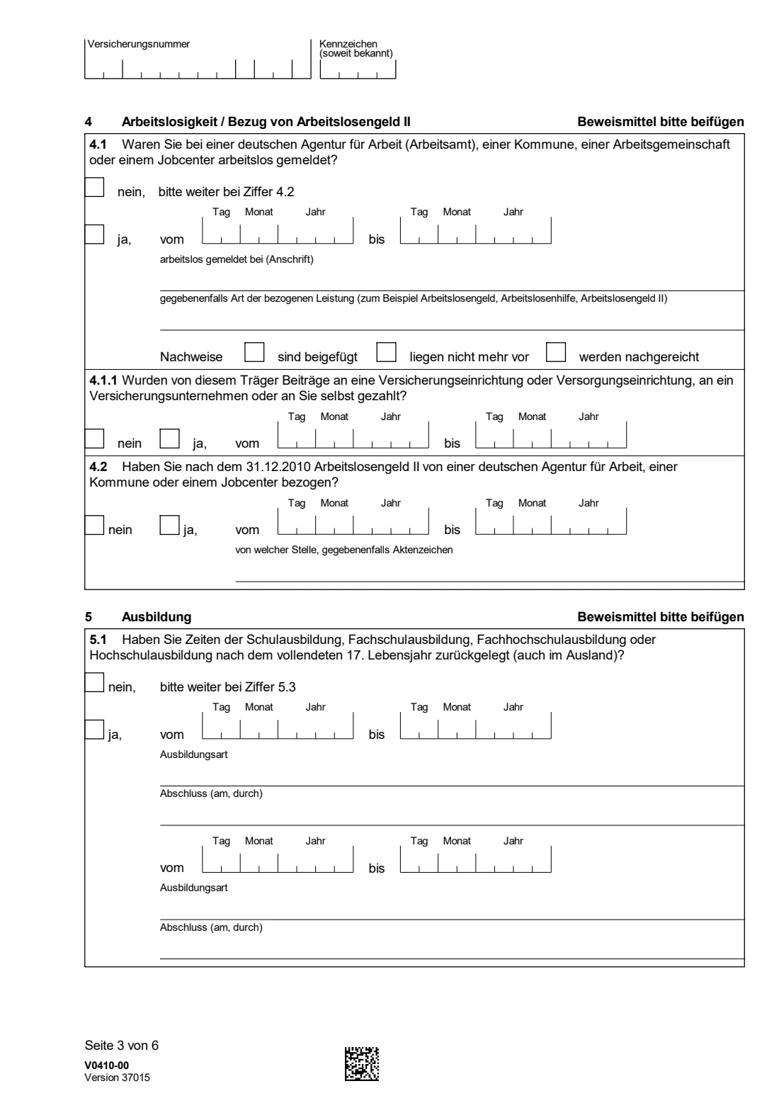 V0410 — Fragebogen für Anrechnungszeiten (2026) V0410 Fragebogen für Anrechnungszeiten — questionnaire on credited periods for your German pension — page 3 of 6