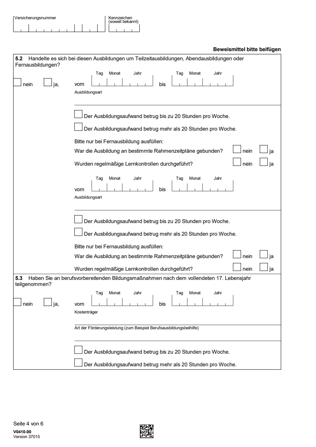 V0410 — Fragebogen für Anrechnungszeiten (2026) V0410 Fragebogen für Anrechnungszeiten — questionnaire on credited periods for your German pension — page 4 of 6