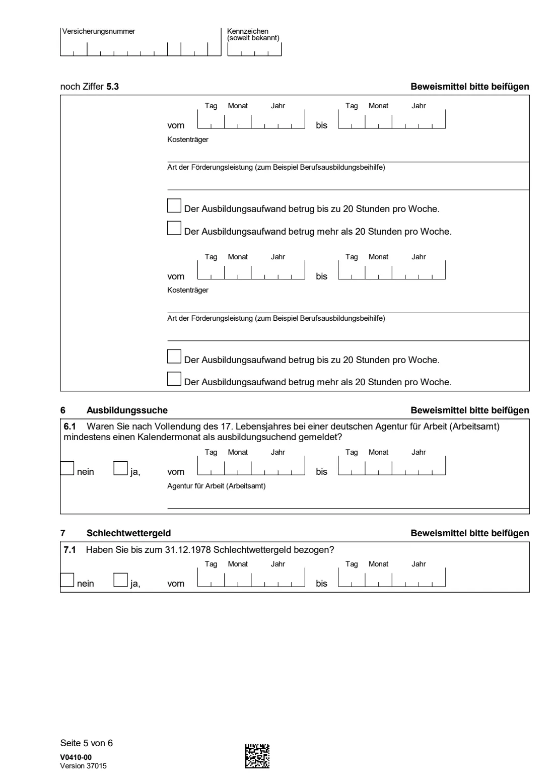 V0410 — Fragebogen für Anrechnungszeiten (2026) V0410 Fragebogen für Anrechnungszeiten — questionnaire on credited periods for your German pension — page 5 of 6