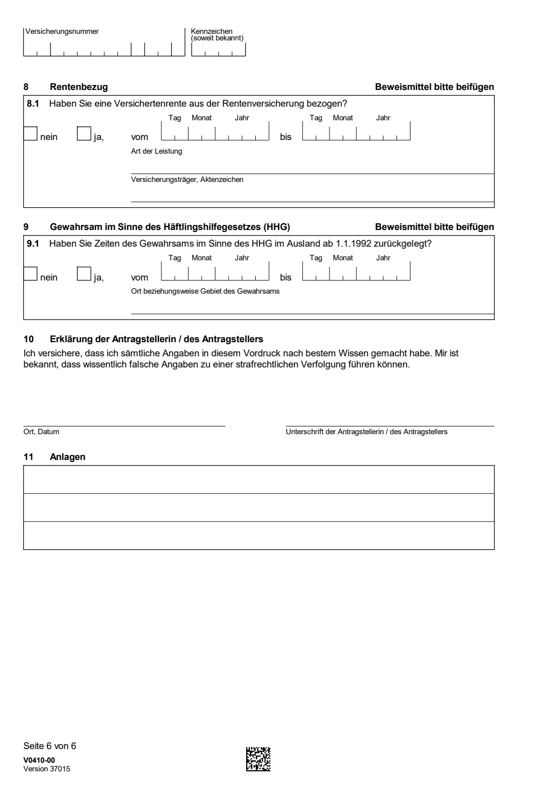 V0410 — Fragebogen für Anrechnungszeiten (2026) V0410 Fragebogen für Anrechnungszeiten — questionnaire on credited periods for your German pension — page 6 of 6