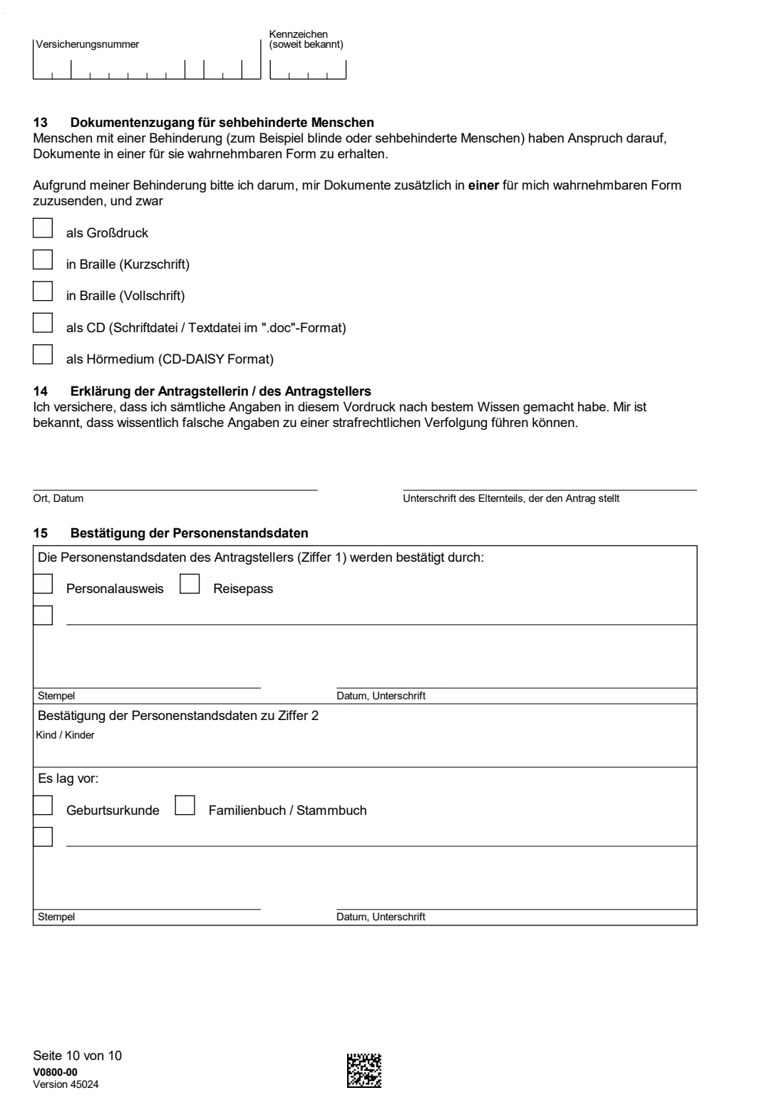 V0800 — Kindererziehungszeiten (2026) V0800 Antrag auf Feststellung von Kindererziehungszeiten / Berücksichtigungszeiten — claiming child-raising credits in your German pension account — page 10 of 10