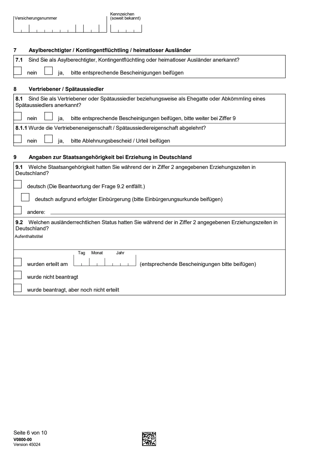 V0800 — Kindererziehungszeiten (2026) V0800 Antrag auf Feststellung von Kindererziehungszeiten / Berücksichtigungszeiten — claiming child-raising credits in your German pension account — page 6 of 10