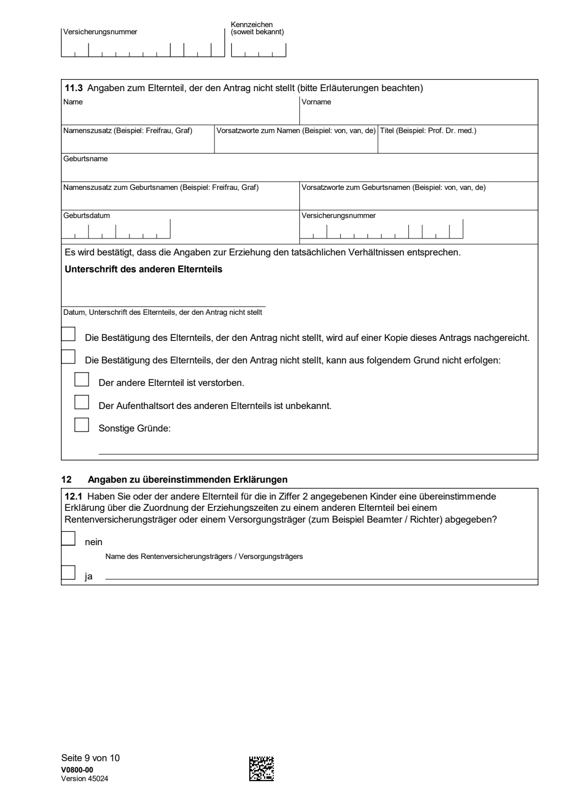 V0800 — Kindererziehungszeiten (2026) V0800 Antrag auf Feststellung von Kindererziehungszeiten / Berücksichtigungszeiten — claiming child-raising credits in your German pension account — page 9 of 10