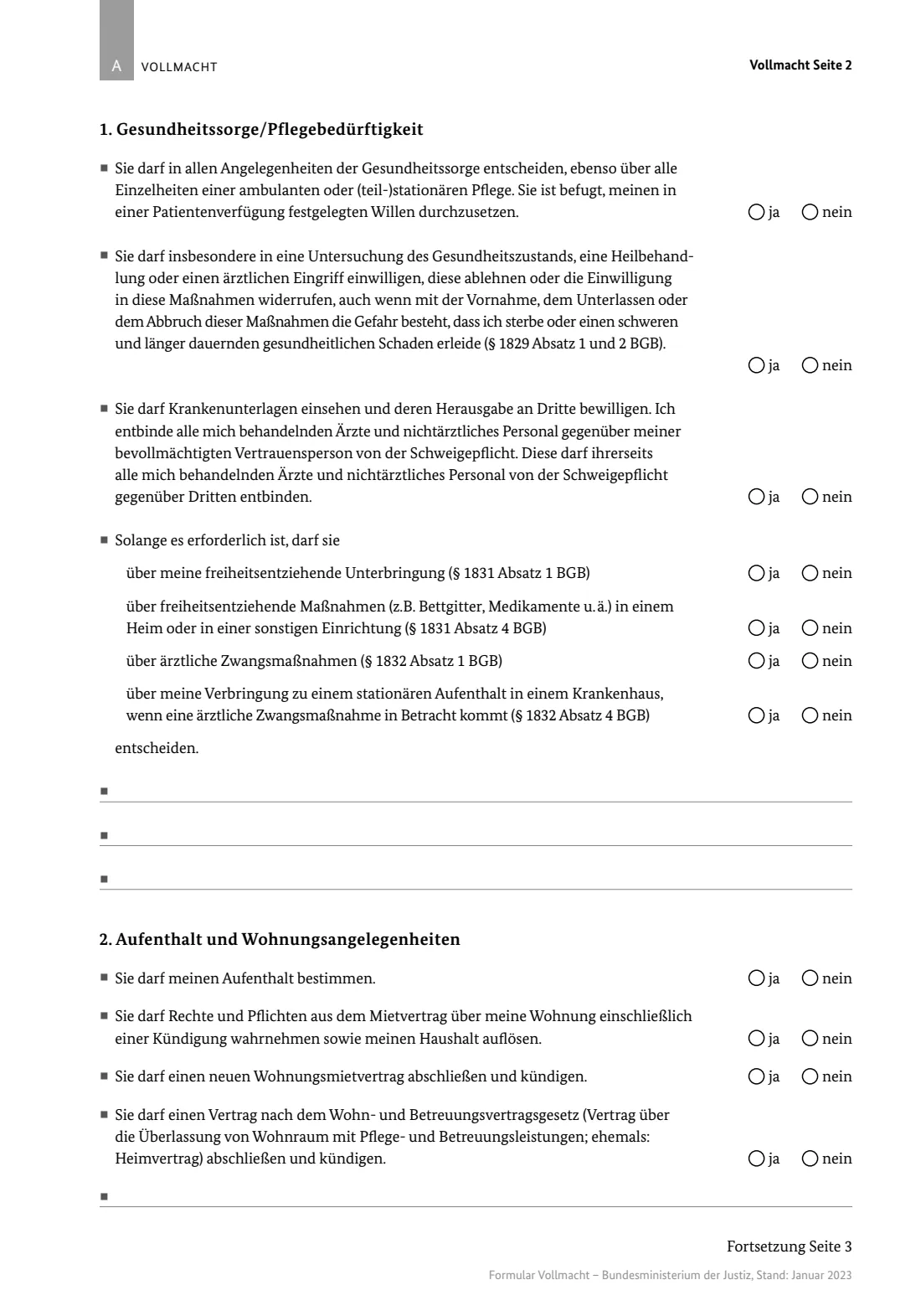 Vorsorgevollmacht (BMJ form) (2023) Vorsorgevollmacht — lasting power of attorney (Federal Ministry of Justice model form) — page 2 of 4