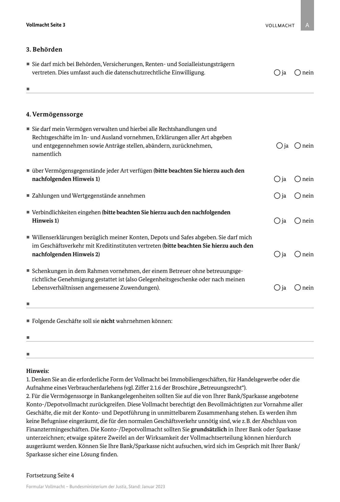 Vorsorgevollmacht (BMJ form) (2023) Vorsorgevollmacht — lasting power of attorney (Federal Ministry of Justice model form) — page 3 of 4