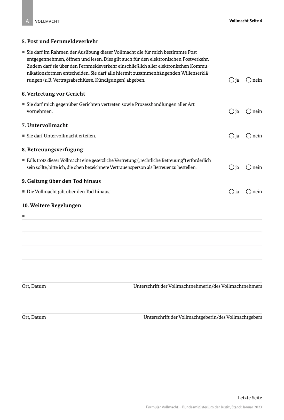Vorsorgevollmacht (BMJ form) (2023) Vorsorgevollmacht — lasting power of attorney (Federal Ministry of Justice model form) — page 4 of 4