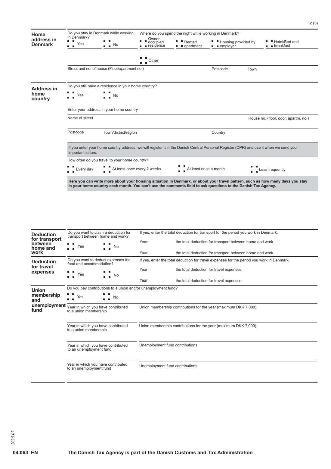 04.063 EN — Tax card and CPR number for foreign employees (2025) Apply for tax card and Danish personal tax number (CPR no.) for non-Danish employees — form 04.063 EN (Skattekort og personnummer) — page 2 of 3
