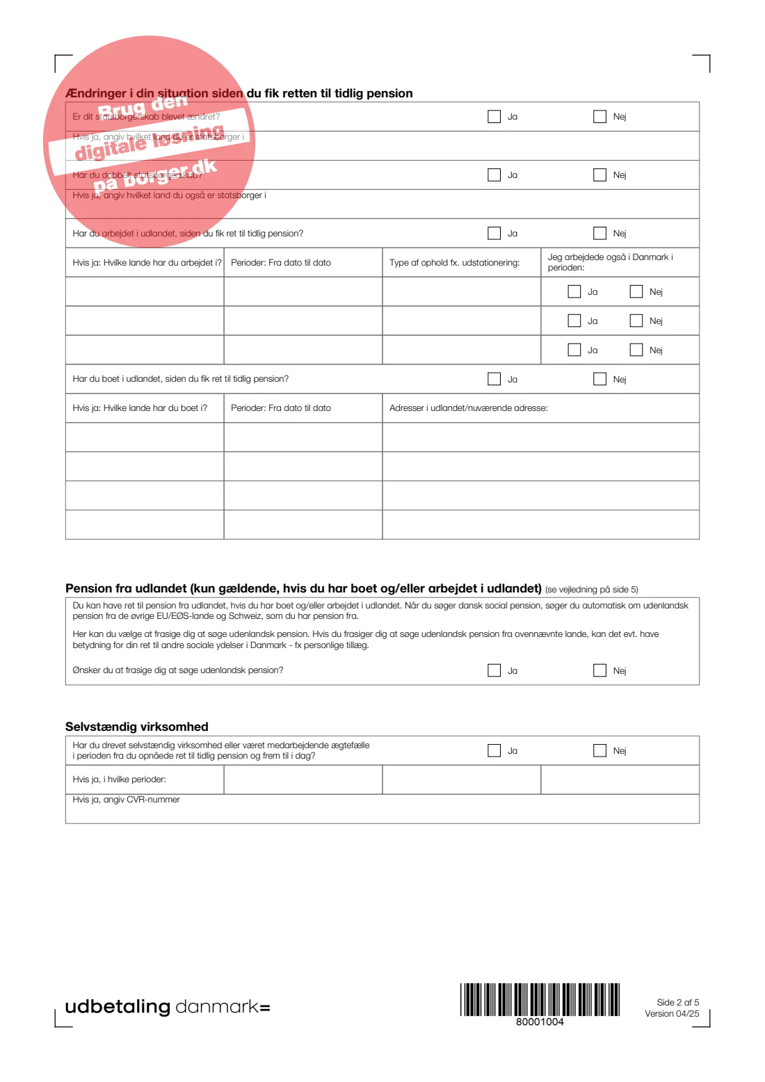 UDK 153 — Early pension payment (udbetaling af tidlig pension) (2025) Tidlig Pension — Ansøg om udbetaling af tidlig pension (Apply for payment of early pension) — UDK 153 — page 2 of 5