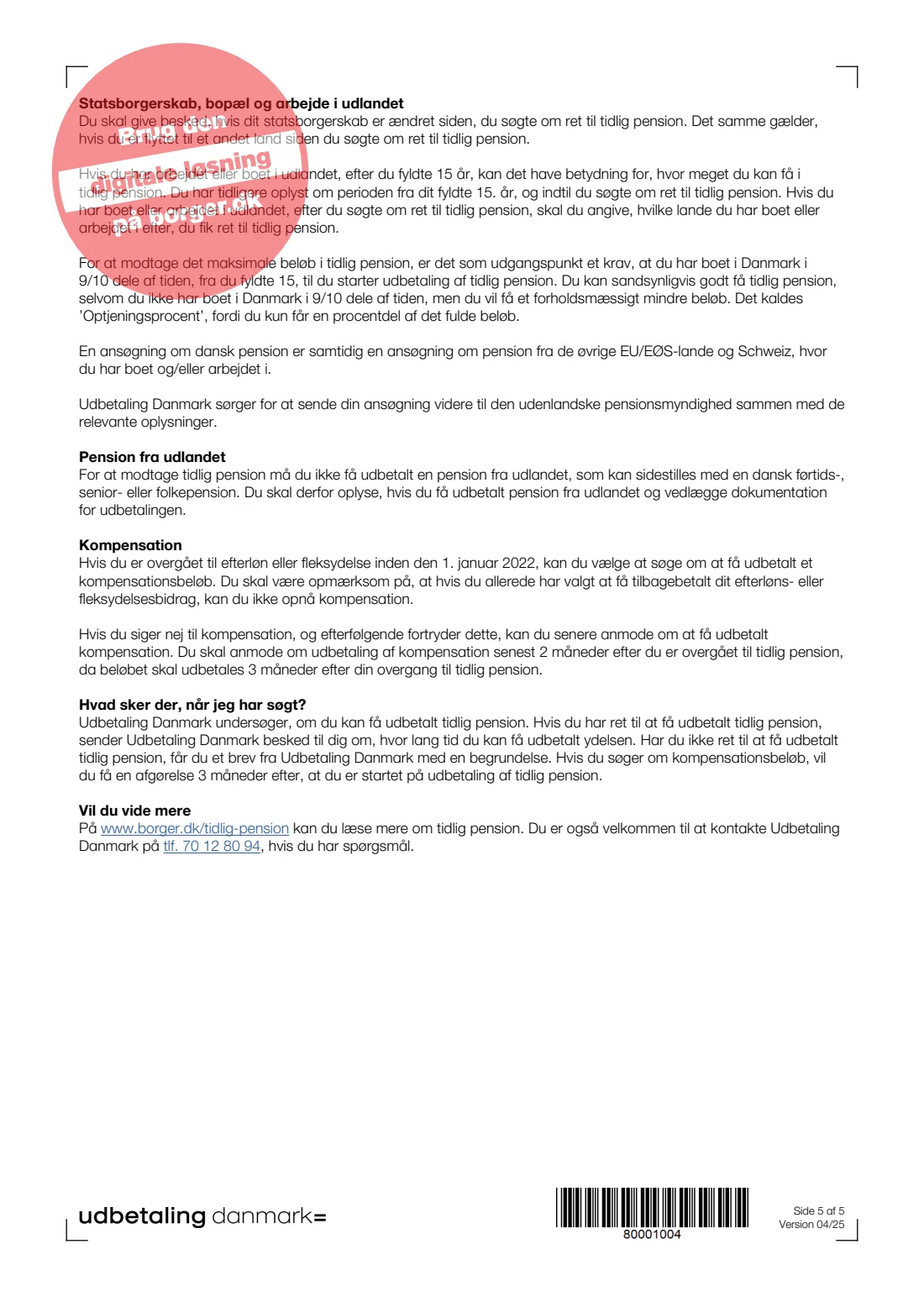 UDK 153 — Early pension payment (udbetaling af tidlig pension) (2025) Tidlig Pension — Ansøg om udbetaling af tidlig pension (Apply for payment of early pension) — UDK 153 — page 5 of 5