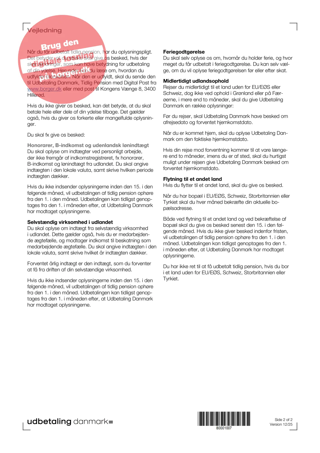 UDK 155 — Early pension: report changes (2025) Tidlig Pension – Ændringer til udbetaling af tidlig pension (Early pension: changes to payment) — UDK 155 — page 2 of 2