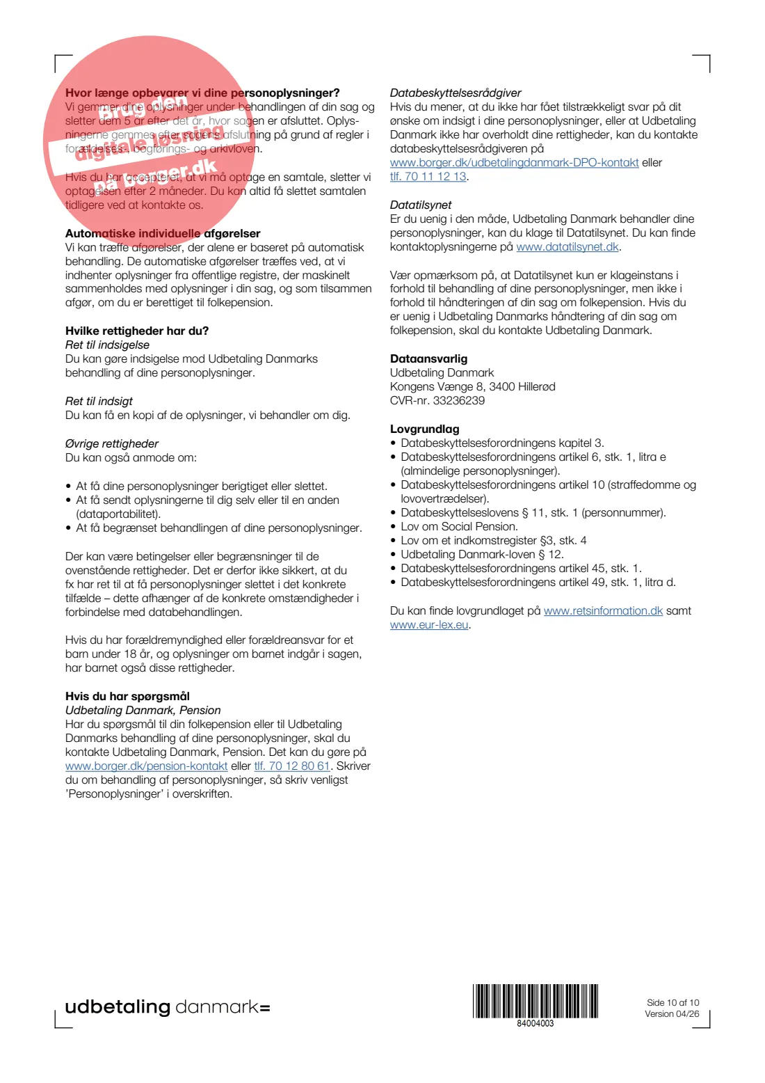 UDK 212 — State pension application (folkepension) (2026) Ansøg om folkepension (Apply for state pension) — UDK 212 — page 10 of 10