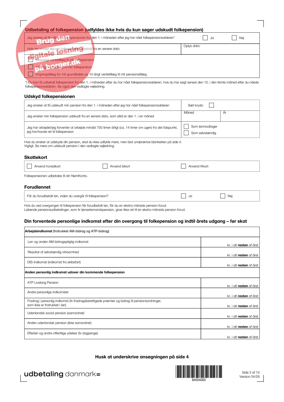 UDK 212 — State pension application (folkepension) (2026) Ansøg om folkepension (Apply for state pension) — UDK 212 — page 2 of 10