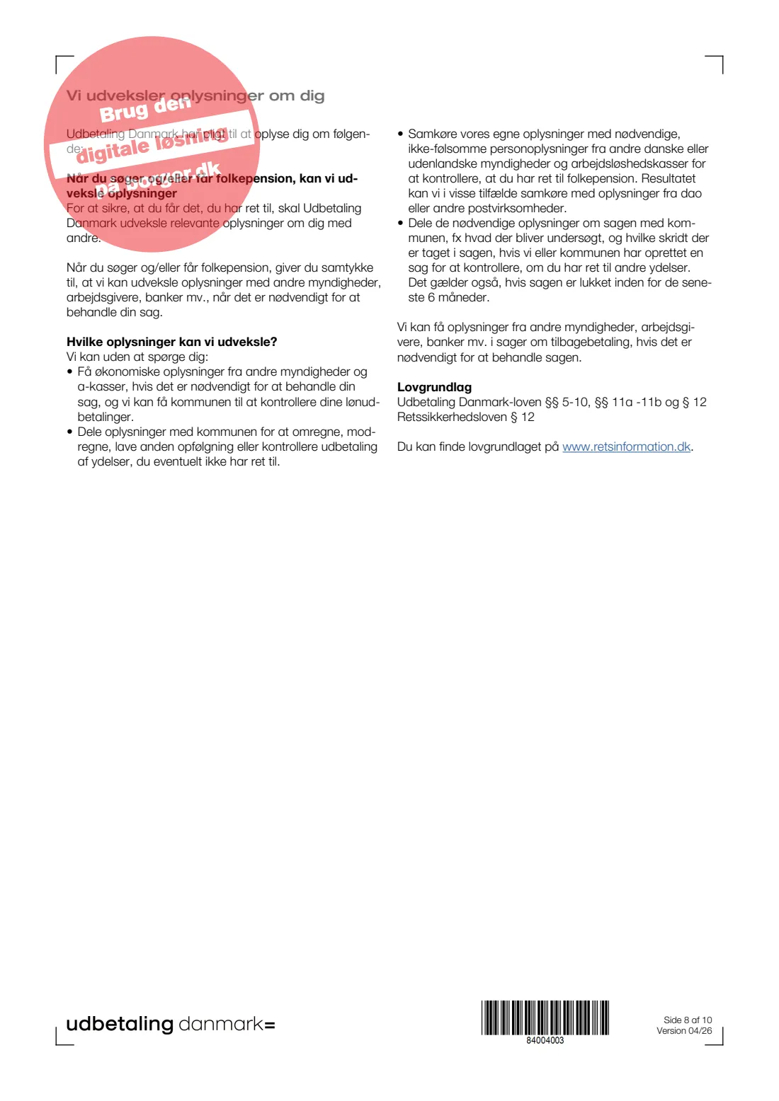 UDK 212 — State pension application (folkepension) (2026) Ansøg om folkepension (Apply for state pension) — UDK 212 — page 8 of 10