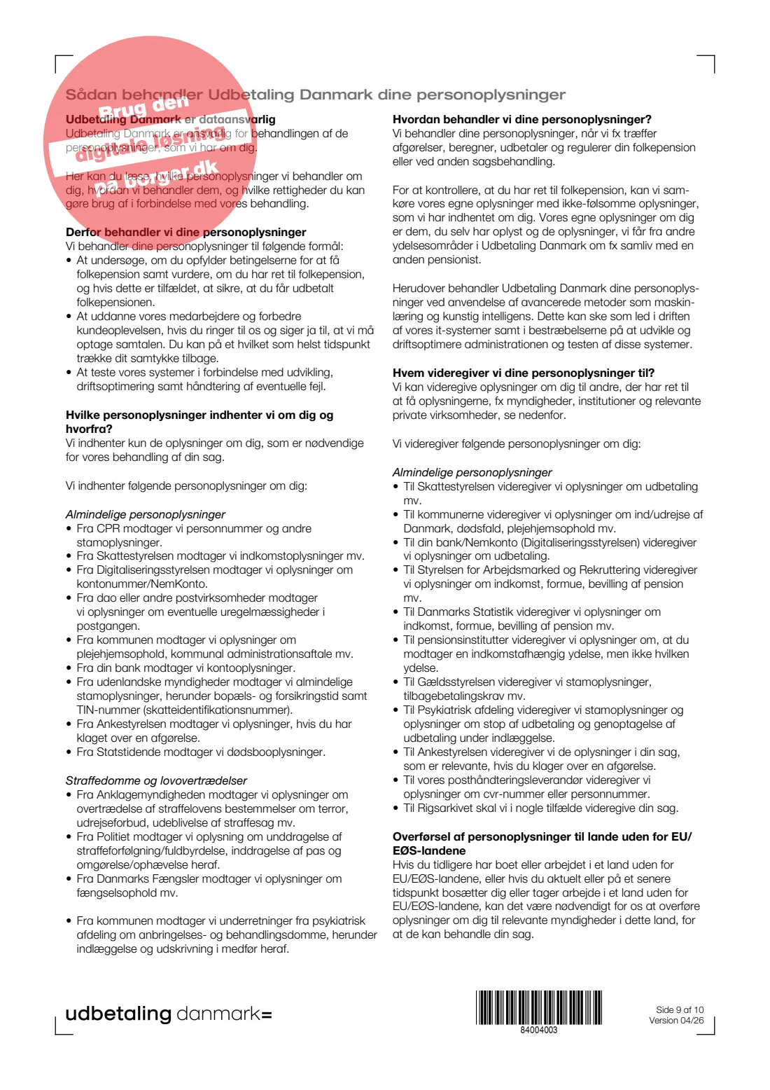 UDK 212 — State pension application (folkepension) (2026) Ansøg om folkepension (Apply for state pension) — UDK 212 — page 9 of 10